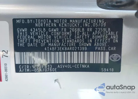 2010 Toyota Camry Le из США, поврежденный, VIN 4T4BF3EK8AR021399